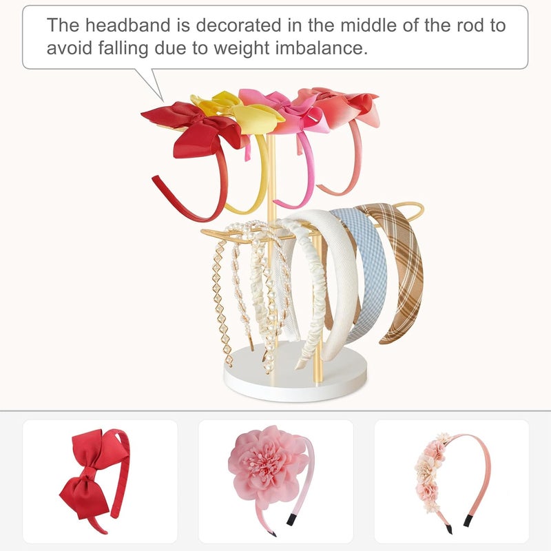 Dahey Headband Holder Organizer Metal 2-Tier Hair Hoop Display Stand Headband Organizer Storage Hair Ropes Accessories Bracelets Bangles Bedroom College Dorm Decor for Girls Women, Gold - Image 4